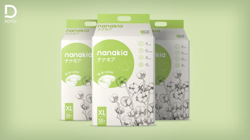 熱浪設計創新 nanakia紙尿褲 為柔軟與舒適而生設計采用了草綠色作為品牌的主體色,米白色為底色,二者對比凸顯產品的純潔自然之感,左上角綠色的圓,凸顯產品的品牌名稱,具有視覺渲染力,右下畫面采用棉花的黑白插畫,體現柔軟純凈之感,與有色彩的畫面形成對比 包